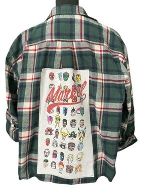 MARVEL Theme Upcycled T Shirt Flannel Top Grunge Beach Festival